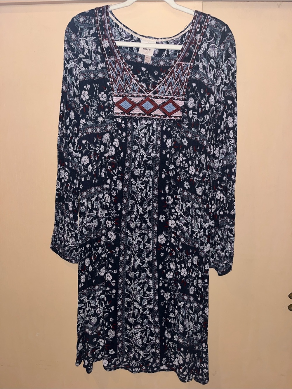 Knox Rose Navy Floral Midi Dress with Red & Cream Embroidery